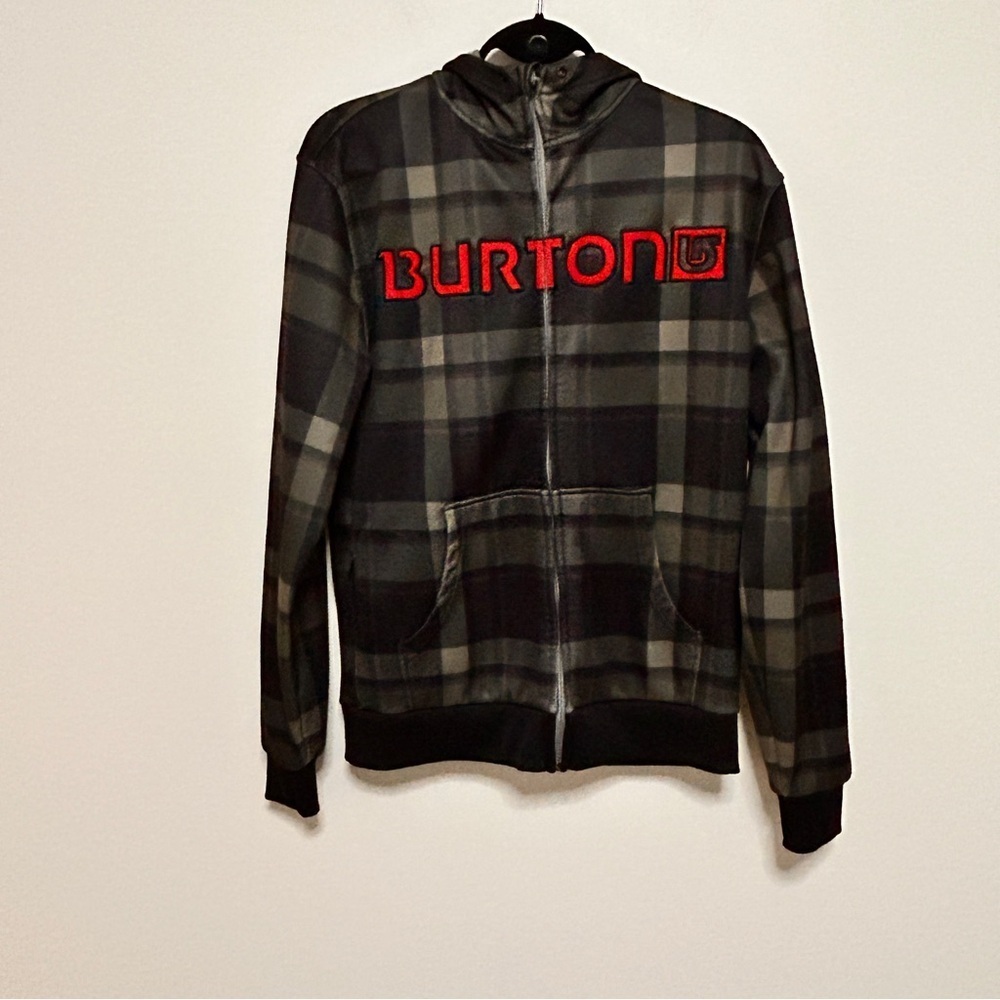 Burton Men's Small Dry Ride Full Zip Hoodie Black Grey Plaid Fleece Lined *Flaw